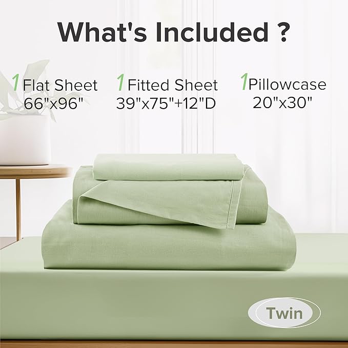 Comfort Spaces 100% Cotton Sheets Twin, Breathable & Soft Cotton Sheets, Naturally Cool Cotton Bed Sheets with 12" Elastic Pocket Fits up to 14" Mattress, All Seasons Sheet Set, Sage Green 3 Piece