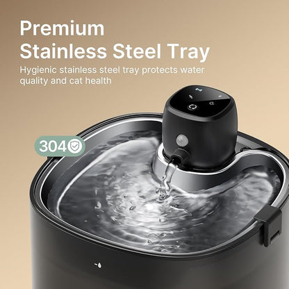 Cordless Cat Water Fountain, 78oz/2.3L, Battery Operated, Silver | Stainless Steel Tray, Rechargeable 4000mAh, Wireless, Motion Sensor, Ultra-Quiet Pump, Locking Lid, Automatic Fountain