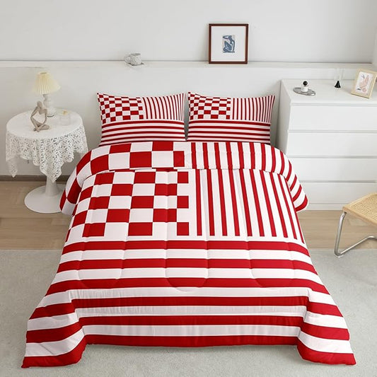 Red Stripes Comforter Set Buffalo Check Plaid Bedding Set Fashion Plaid Geometric Bedding Home Decor Modern Simple Style Comforter King Size Quilted Duvet Set 1 Comforter with 2 Pillowcase