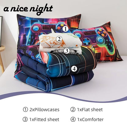 A Nice Night Boys Full Size 5-Piece Game Console Comforter Set, for Kids Teen 3D Colorful Background Colorful Universe Gamepad Gaming Printed Matching Sheet Sets Black-Red