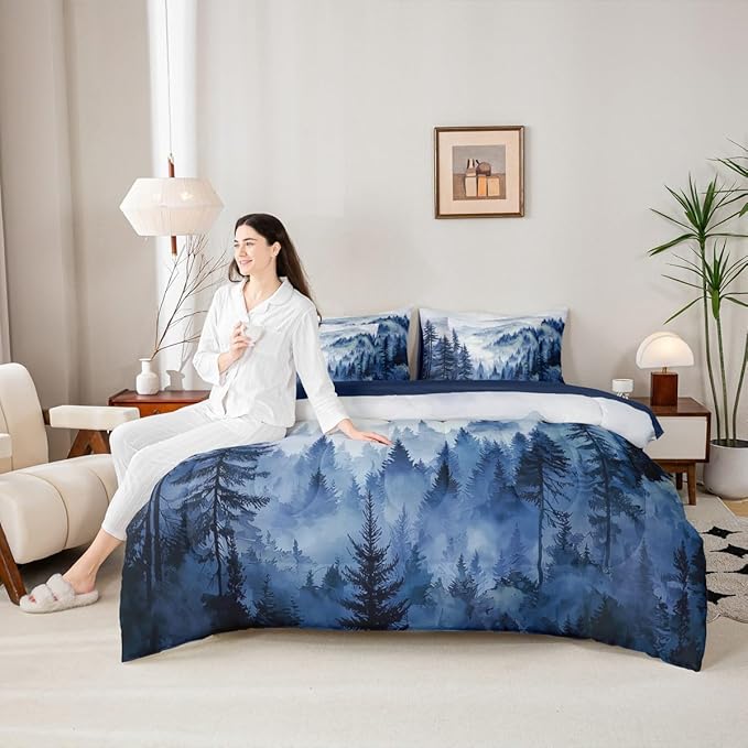 Erosebridal Blue Misty Forest Full Bedding Set 7 Piece Mountain Foggy Woodland Bed in A Bag with Sheets Rustic Pine Tree Comforter Set for Kids Adults,Watercolor Nature Theme Bed Sets