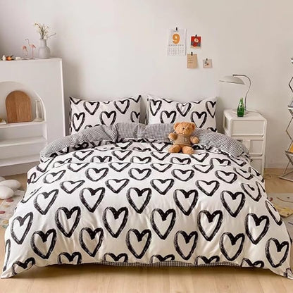 CLOTHKNOW Black White Comforter Set Twin/Twin XL Love Shaped Bedding Comforter Sets Black Grid Comforter Kawaii Comforter with 2 x Pillow Cases
