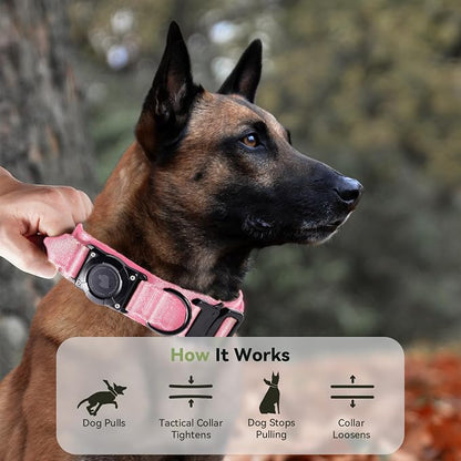 2026 Upgrade Waterproof Tactical AirTag Dog Collar, Built in AirTag Holder | Comfortable Control Handle, Quick Release Metal Buckle, Durable 1000D Nylon, For Medium to Large Dogs, Pink,XL