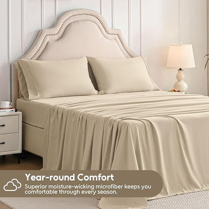 Twin Sheets Set, 3 Pieces Hotel Luxury Soft Microfiber Bed Sheets Set, Up to 16" Deep Pockets, Oeko-Tex Sheets with Elastic, Breathable, Wrinkle Free (Beige, Twin)