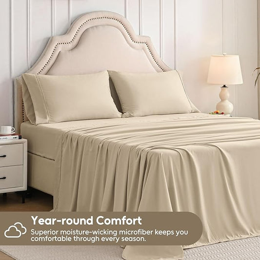 Twin Sheets Set, 3 Pieces Hotel Luxury Soft Microfiber Bed Sheets Set, Up to 16" Deep Pockets, Oeko-Tex Sheets with Elastic, Breathable, Wrinkle Free (Beige, Twin)