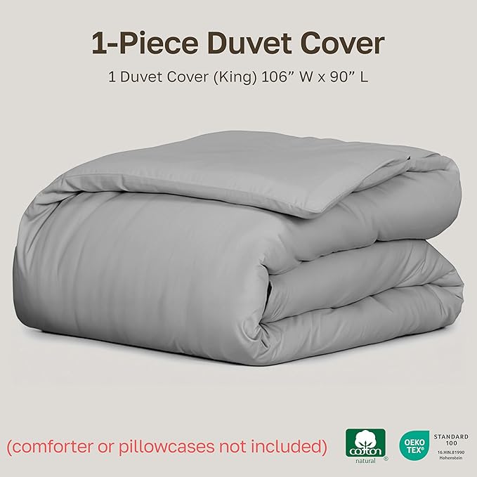California Design Den 100% Cotton Duvet Cover King Only - Winner Good Housekeeping Best Bedding Awards 2025, 400 Thread Count, Sateen Bedding Duvet Covers, Button Closure & Corner Ties - Light Grey