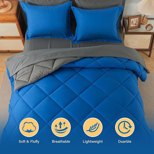 Cosybay Bed in a Bag Queen Comforter Sets 7pcs All Season Solid Down Alternative Bedding Sets Blue and Grey with Comforter, Pillow Shams, Flat Sheet, Fitted Sheet and Pillowcases