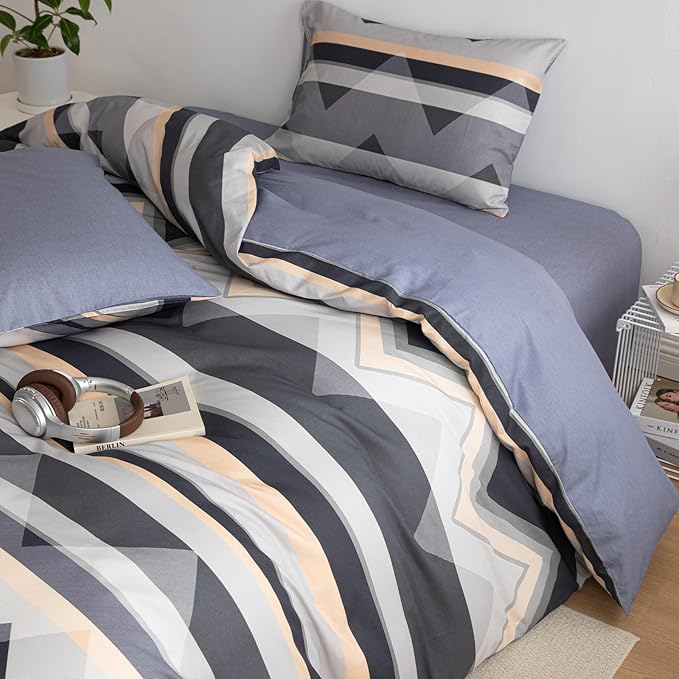 Boho Twin XL Duvet Cover Set Grey Cotton Comforter Cover Twin XL Neutral Soft Chevron Pattern Zipper Duvet Cover Set with Corner Ties Farmhouse Teen Boy Bedding Set Modern Duvet Protector
