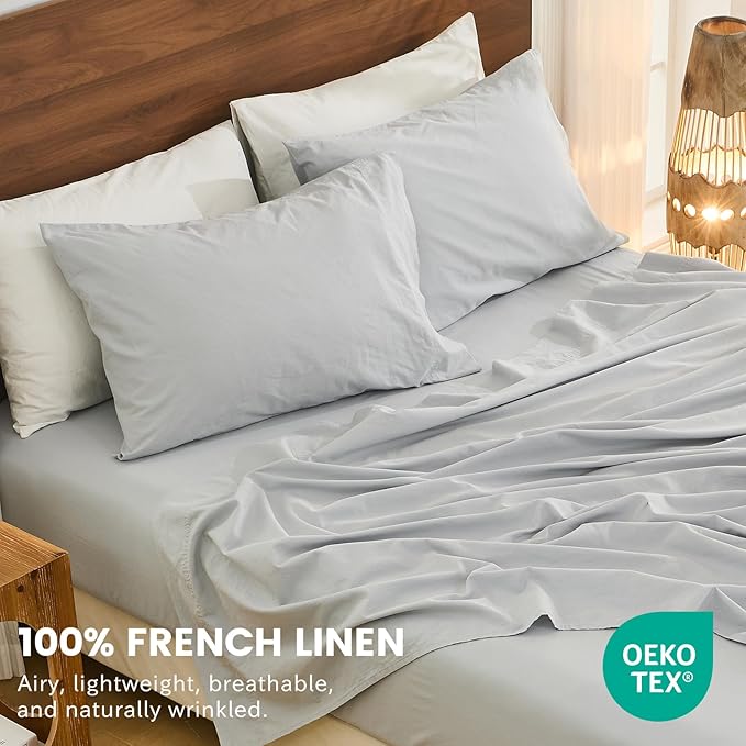 Bedlifes 100% French Flax Linen Sheets Set King Size - 6 Piece Extra Deep Pocket 18-24",Soft Breathable King Bed Sheets with Temperature Regulating & Moisture-Wicking(Grey