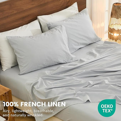 Bedlifes 100% French Linen Sheets Queen Size 18-24”Extra Deep Pocket 4-Piece Set Breathable & Moisture-Wicking,Soft & Durable Sheets for Thick Mattresses(Grey)
