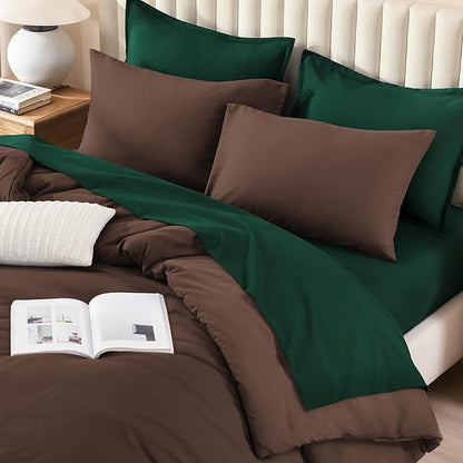 Litanika Full Comforter Sets Brown Emerald Green- 7 Pieces Bed in a Bag Beddding Sets, Solid Lightweight Bed Set with Comforter, Sheets, Pillowcases & Shams