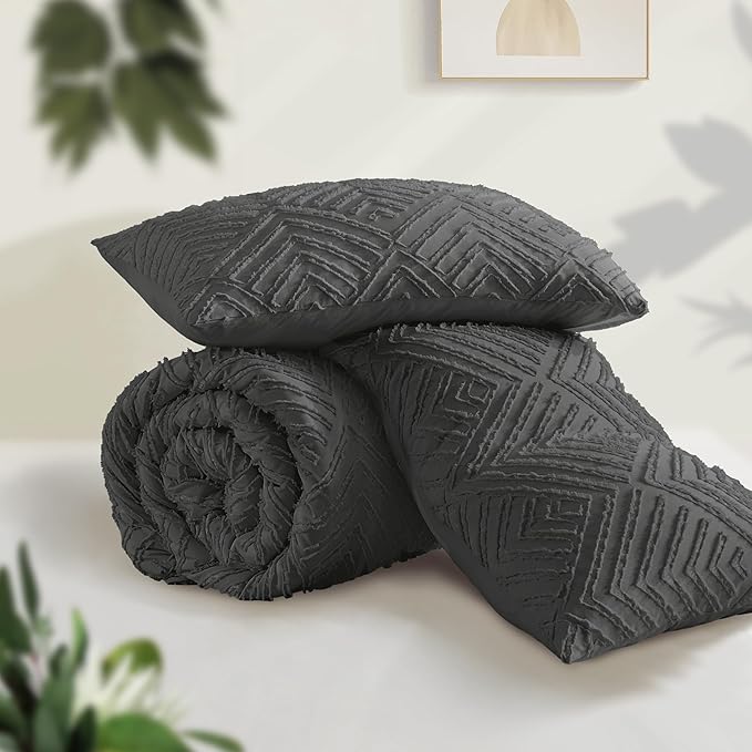 Andency Dark Grey Oversized King Comforter 120''x120'', 3 Pieces Dark Gray Super King Soft Boho Bedding Set & Collections, Farmhouse Tufted Fluffy Bed Set for All Seasons (1 Comforter, 2 Pillowcases)