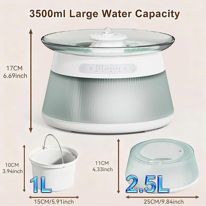 Glass Smart Cat Water Fountain Filterless | Pet Drinking Water Fountain Bowl No Filter, Battery Operated Cat Water Fountain