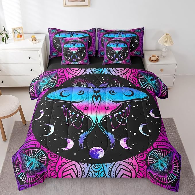 Erosebridal Exotic Moth Bed in a Bag King Size Comforter Set 7 Pieces,Sun and Moon Bedding Sets Bohemian Flowers Sheet Set with Comforter