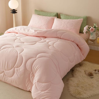 Luxlovery Pink Floral Comforter Set King Boho Light Pink Sunflower Quilts Blush Pink Bedding Comforter Set Rustic Plain Color Soft Breathable Cozy Comforter Women Girls