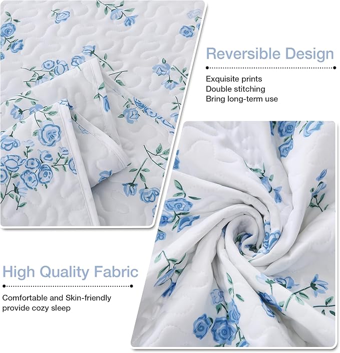 Blue Floral Quilt Set King Size - 3 Pieces Reversible Cottagecore Quilts Flowers Soft Microfiber Lightweight Bedspread Coverlet with 2 Pillow Shams for All Seasons (104"×90")