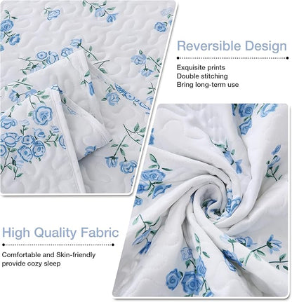 Blue Floral Quilt Queen Size - Reversible Quilt Set Flowers 3 Pieces Soft Lightweight Bedspread with 2 Pillow Shams for All Seasons (90"×90")