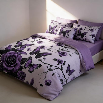 Vintage Floral Comforter Set Queen Size, Purple Floral Bedding Set for Gothic Bedroom Decor, 3 Pieces Soft Microfiber Lightweight Comforter Set with 2 Pillowcases, 90"x90"