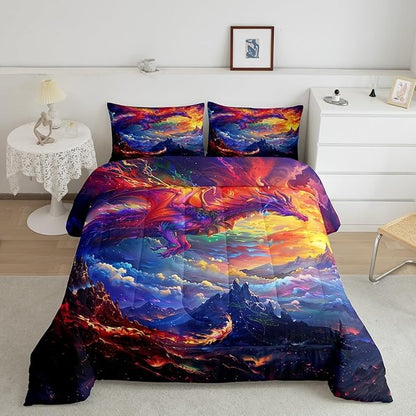 Dragon Comforter Set King Size,Starry Sky and Flame Mountain Bedding Set 3Pcs,Kids Girls Boys Teens Room Decor,Magical Animals Quilt Set Purple Western Wildlife Theme Duvet Insert,2 Pillowcases