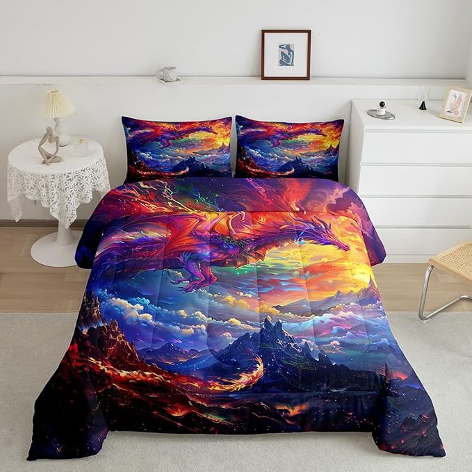 Dragon Bedding Set Full Size,Starry Sky and Flame Mountain Comforter Set 3Pcs,Kids Girls Boys Teens Home Decor,Magical Animals Quilt Set Purple Western Wildlife Theme Duvet Insert,2 Pillowcases