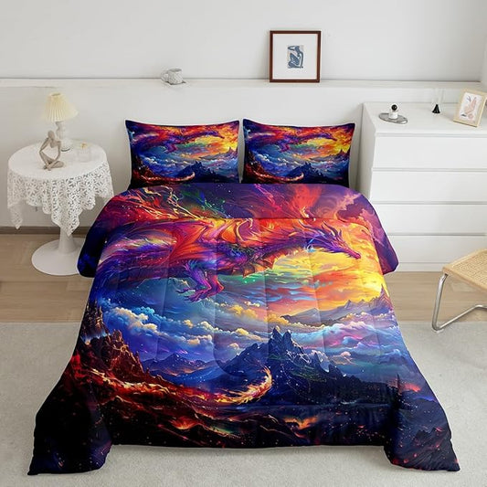 Dragon Bedding Set Full Size,Starry Sky and Flame Mountain Comforter Set 3Pcs,Kids Girls Boys Teens Home Decor,Magical Animals Quilt Set Purple Western Wildlife Theme Duvet Insert,2 Pillowcases