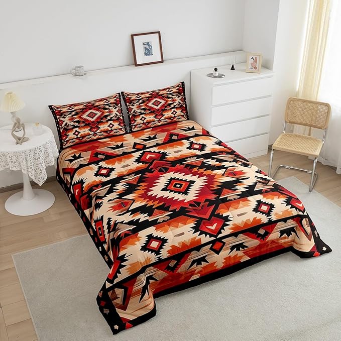 Feelyou Boho Comforter Set Twin Size Southwest Native American Design Comforter Southwestern Geometric Bedding Set Western Decor Duvet Set Room Decor Hot Orange Quilt Set