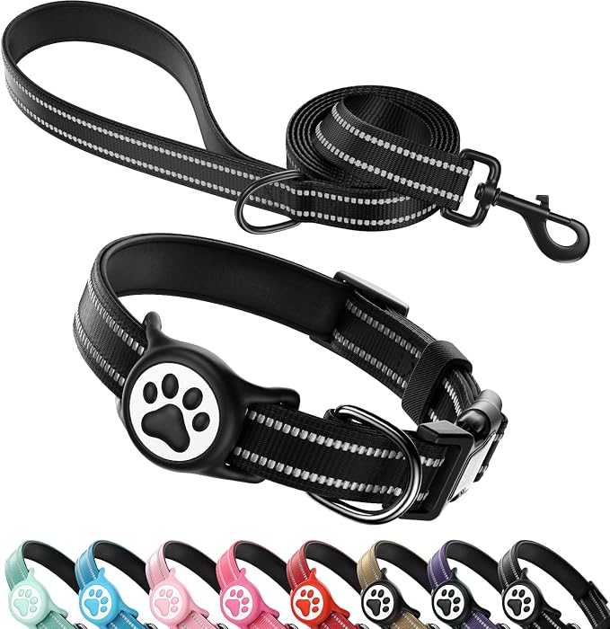 Airtag Dog Collar and Leash Set,Reflective Ultra-Durable Nylon Padded With QR Buckle & IP68 Waterproof Air Tag Holder Compatible for Apple AirTag, Comfortable for Small Medium Large Dogs (Black Set,L)