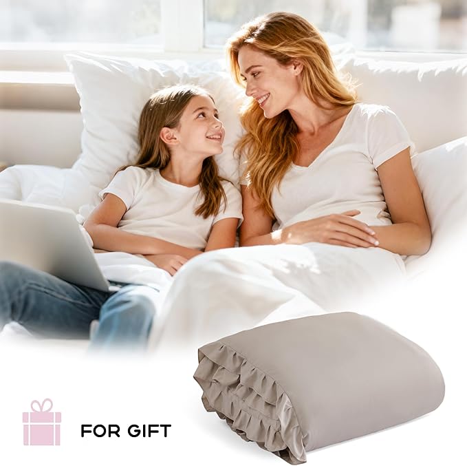 JANZAA King Size Ruffled Comforter Set Soft Vintage Farmhouse Bed Set Shabby Fluffy 3PCS Bedding (1 Oatmeal Comforter Set and 2 Pillowcases)