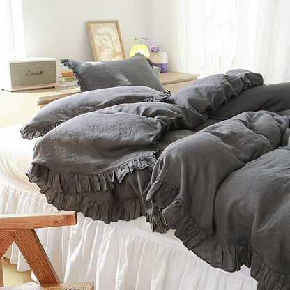 Simple&Opulence 100% Linen Duvet Cover Set, 3 PCS Natural French Flax Dark Grey Ruffle Duvet Cover King Size, Breathable Comfy Linen Bedding Comforter Cover with 2 Pillowcases (Dark Grey, 104" X 92")