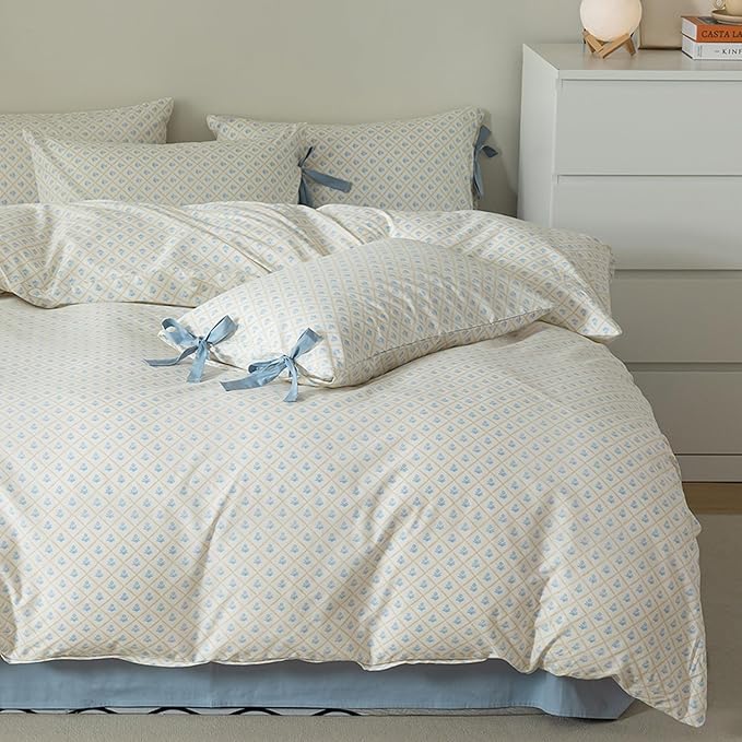 HighBuy Twin XL Comforter Set Cute Blue Flower Bedding Comforter for Kids Girls Coquette Checkered Bedding Sets 3 Piece with 2 Bowknot Bow Tie Pillowcases Botanical Quilts Garden Comforter Cottage Bed