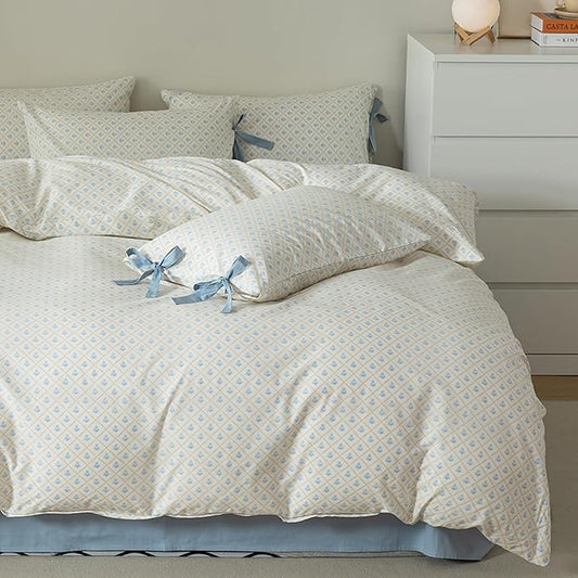 HighBuy Twin XL Comforter Set Cute Blue Flower Bedding Comforter for Kids Girls Coquette Checkered Bedding Sets 3 Piece with 2 Bowknot Bow Tie Pillowcases Botanical Quilts Garden Comforter Cottage Bed