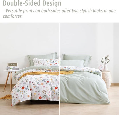 Botanical Cotton Comforter King Size 3Pcs - Colorful Flowers, Berries and Leaves on White, Chevron Sage Green Back, Reversible Lightweight Bedding Sets with Soft Fill(King, 104"×90")
