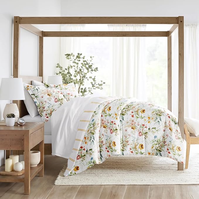 LINENS & HUTCH Comforter Set Patterned Microfiber All Season Down-Alternative Ultra Soft Bedding in Chintz Floral Stripe - King/Cal-King Chintz Floral Stripe Clay