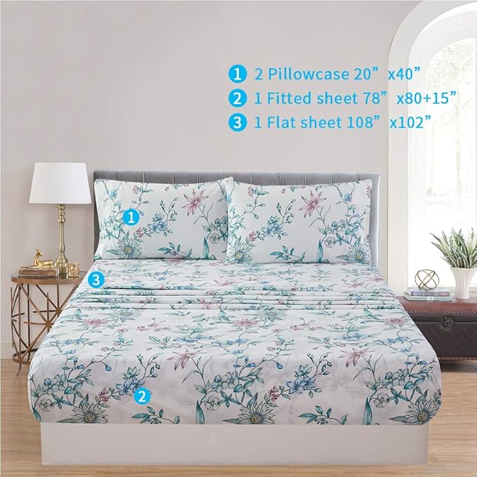 JSD White Blue Floral Printed Sheet Set King Size, 4 Piece Botanical Microfiber Sheets Extra Deep Pocket