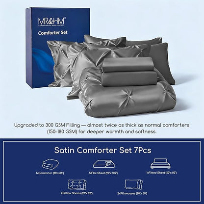 MR&HM Satin Comforter Queen 7 Pieces - Luxurious Pinch Pleat Bedding Set with Comforter, Flat Sheet, Fitted Sheet, Pillowcases & Shams, Super Silky Soft Bed Set for All Season (Queen, Dark Grey)