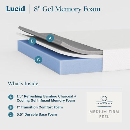 Lucid 8 Inch Memory Foam Mattress - Medium Firm Feel - Infused with Refreshing Bamboo Charcoal and Cooling Gel - Bed in a Box - Temperature Regulating - Pressure Relief - Breathable - Full Size