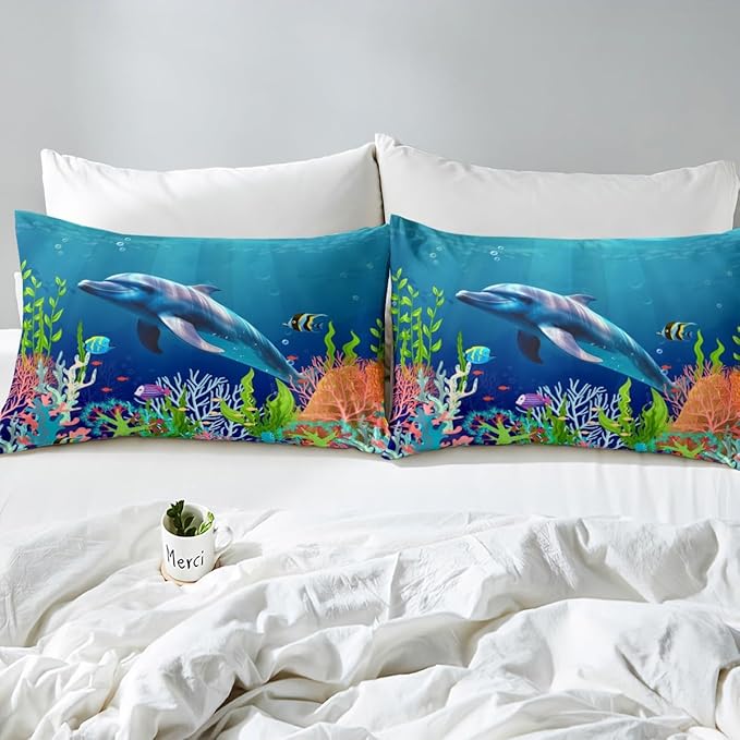 Cute Dolphin Kids Bedding Set Ocean Fish Coral Duvet Cover Set Cartoon Undersea Boys Girls Comforter Cover Set Blue Underwater Bedspread Cover Bedroom Quilt Cover Full with 2 Pillowcase,No Comforter