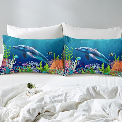 Cute Dolphin Kids Bedding Set Ocean Fish Coral Duvet Cover Set Cartoon Undersea Boys Girls Comforter Cover Set Blue Underwater Bedspread Cover Bedroom Quilt Cover Full with 2 Pillowcase,No Comforter