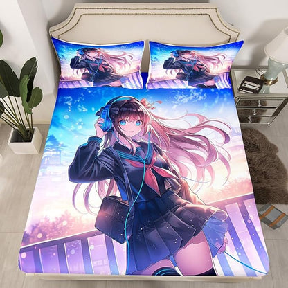 Erosebridal Anime Girl Fitted Sheet Twin Size, Japanese Anime Bedding Set for Kids Boys Teens Bedroom Decor, Cartoon Girl Bed Sheets Kawaii Japanese Animation Bed Set with 1 Pillow Case