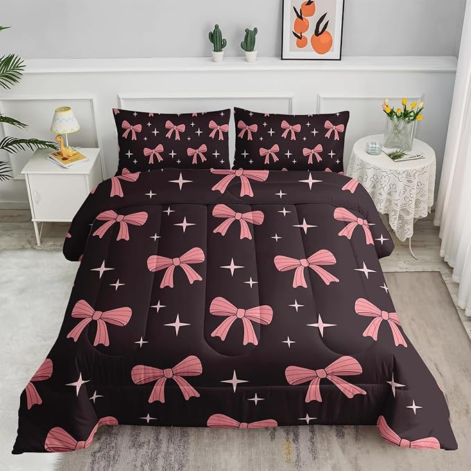 Pink Cute Bow Comforter Set for Girls,Full Size Pink Bowknot and Stars Comforter,Colorful Bedding for Kids Boys Girls,Girly Kawaii Princess Themed Quilt Set 1 Comforter 2 Pillowcases