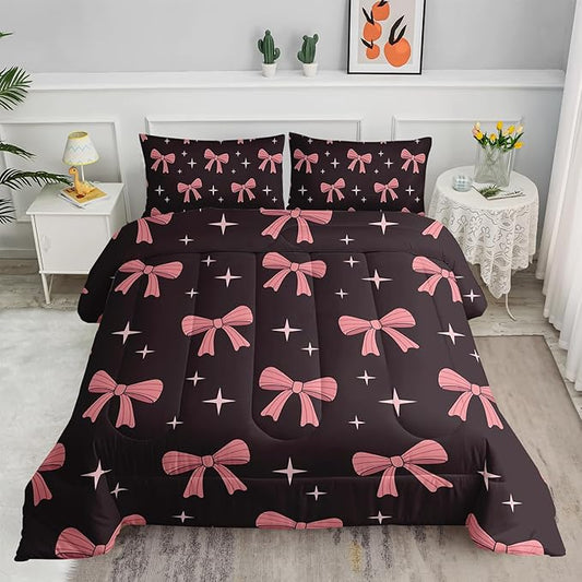 Pink Cute Bow Comforter Set for Girls,Full Size Pink Bowknot and Stars Comforter,Colorful Bedding for Kids Boys Girls,Girly Kawaii Princess Themed Quilt Set 1 Comforter 2 Pillowcases
