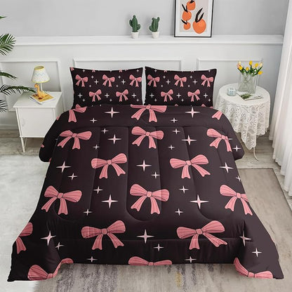 Pink Cute Bow Comforter Set for Girls,Queen Size Pink Bowknot and Stars Comforter,Colorful Bedding for Kids Boys Girls,Girly Kawaii Princess Themed Quilt Set 1 Comforter 2 Pillowcases