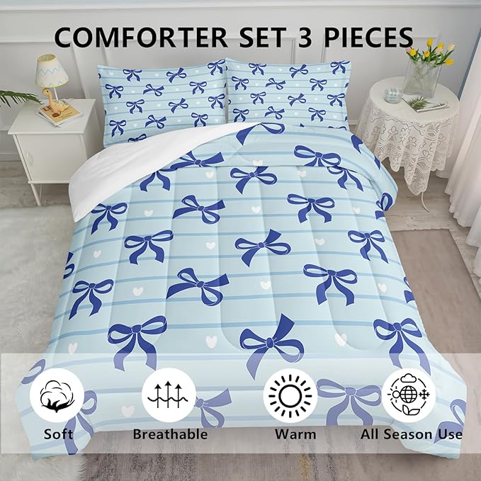 3Pcs Bow Bedding for Girls,Blue Bowknot and White Love Heart Printed Bedding Set King Size,Blue Striped Comforter for Teens Boys Girls,Kawaii Cartoon Comforter Set 1 Quilt 2 Pillowshams