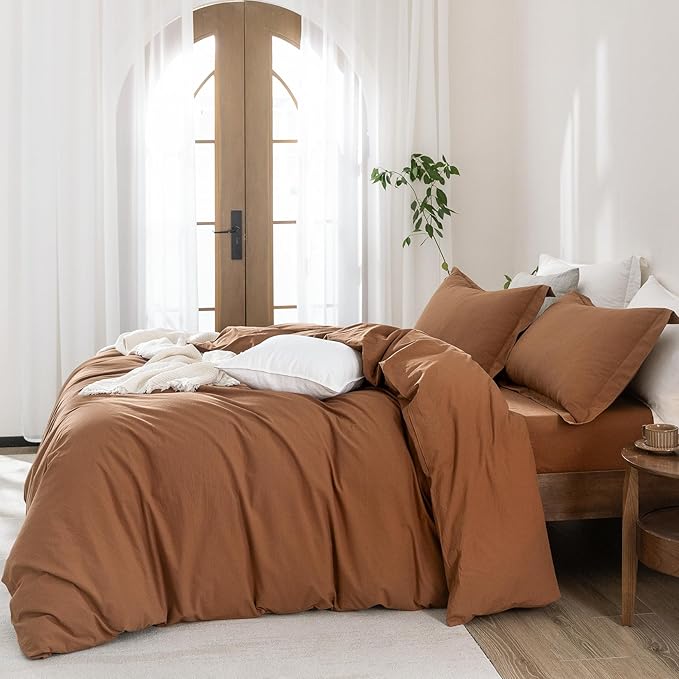 100% Washed Cotton Dark Orange Duvet Cover California King Size Bedding Set Cover 1 Duvet Cover with Zipper Closure Plus 2 Pillowcases, 104inch x 98inch