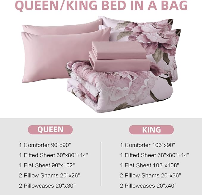 Dobuyly Pink Floral Comforter Set Queen 7 Piece Bed in a Bag, Blush Flowers Printed on Light Pink Comforter Set with Sheets, Soft Microfiber Botanical Bedding Set for All Season