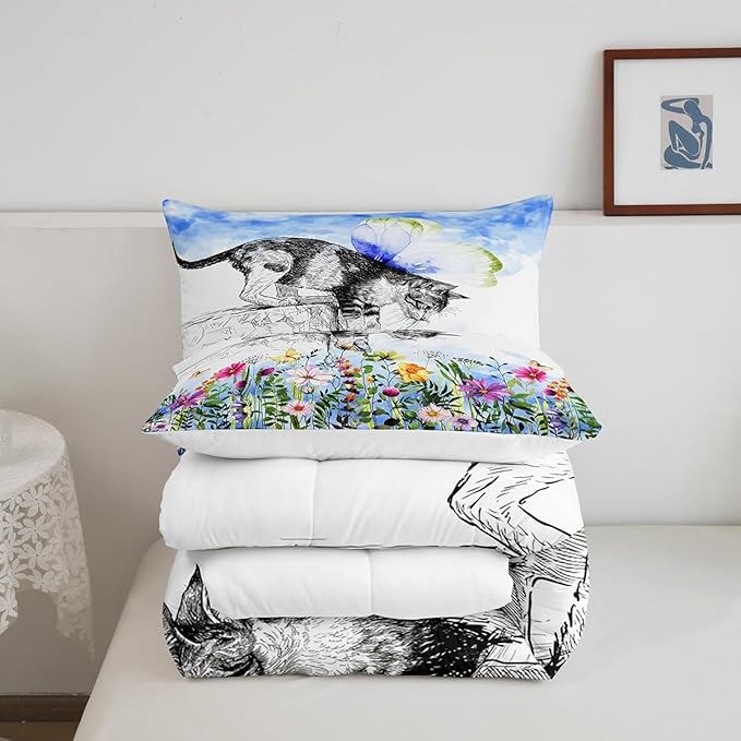 Cat Comforter Colorful Flower Bedding Set Cute Pet Animal Down Comforter Twin Butterfly Floral Leaves Plant Duvet Set Black and White Comforter Kawaii Farmhouse Room Decor Blue 2Pcs Warm Soft
