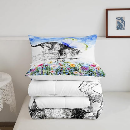 Erosebridal Cat Comforter Colorful Flower Bedding Set Cute Pet Animal Down Full Butterfly Floral Leaves Plant Duvet Black and White Kawaii Farmhouse Room Decor Blue 3Pcs Warm Soft