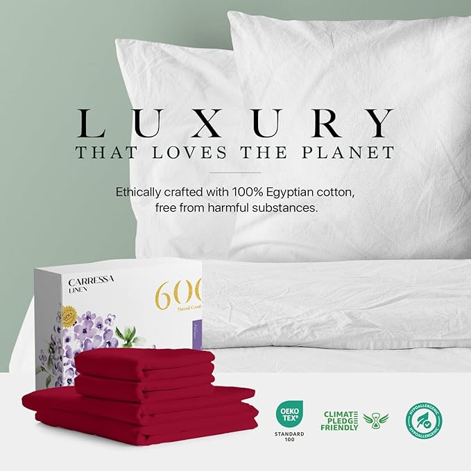 Carressa Linen 100% Egyptian Cotton Queen Size Sheet Set - Luxury 600 Thread Count Egyptian Cotton Sheets Queen Size (True Red), Silky Soft, Cooling, Sateen Weave 16" Deep Pocket Hotel Quality Sheets