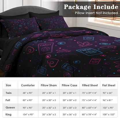 Comforter Set Twin Size, Witchy Purple Blue 5 Pcs Bedding for Kids and Adults, Tarot Board Magic Bed Sheet Sets with Fitted Sheet Pillowcase & Sham for Bedroom Bed Decor