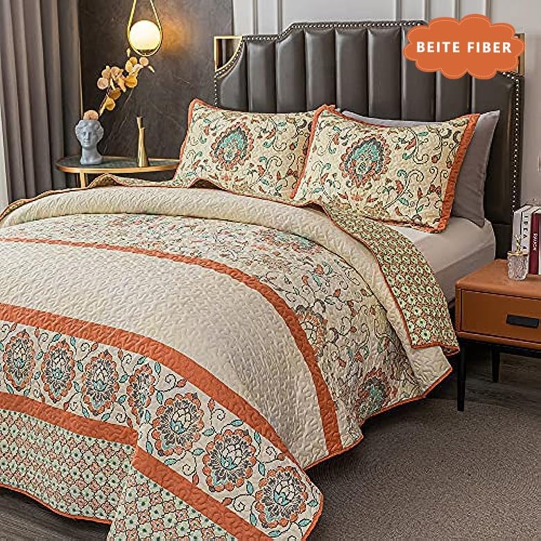 Bohemian Twin Size Comforter Quilt Sets -2 Pieces Red Quilts (1Quilt,1 Pillow Shams) with Reversible Bedspreads Bohemian Patchwork Bedding Set Sleep Companion